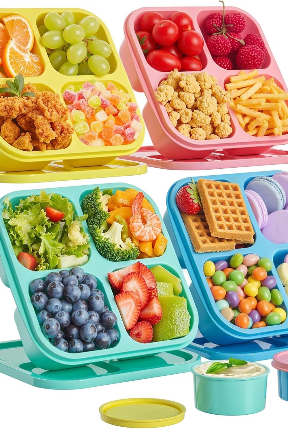 Canfanni 4 Pcs Snack Box Containers Set, Reusable 4 Compartment Lunchable Container with 2Pcs Sauce Containers, Stackable BPA-Free Bento Box for School, Work, Travel (4 Color)