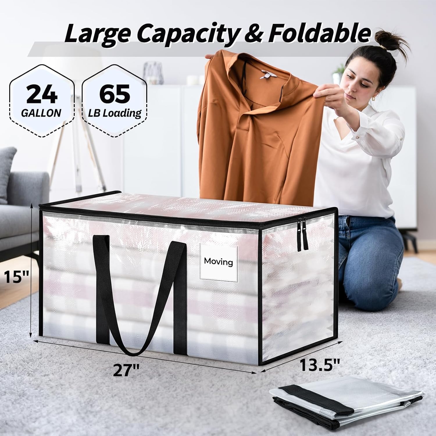 8 Pack Extra Large Clothes Storage Bins with Lids, Moving Bags, Clear | Storage Bags with Reinforced Handles & Heavy-Duty Zippers, Moving Boxes Totes for Clothes Packing, Dorms, College Supplies - Image 2