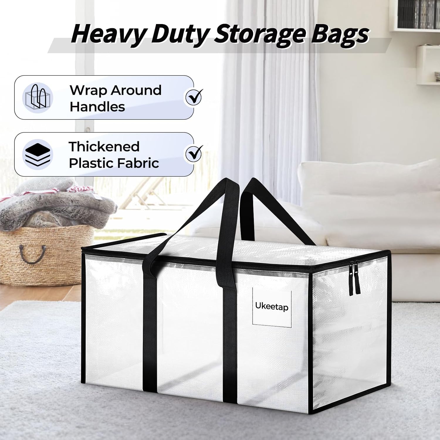 8 Pack Extra Large Clothes Storage Bins with Lids, Moving Bags, Clear | Storage Bags with Reinforced Handles & Heavy-Duty Zippers, Moving Boxes Totes for Clothes Packing, Dorms, College Supplies - Image 4