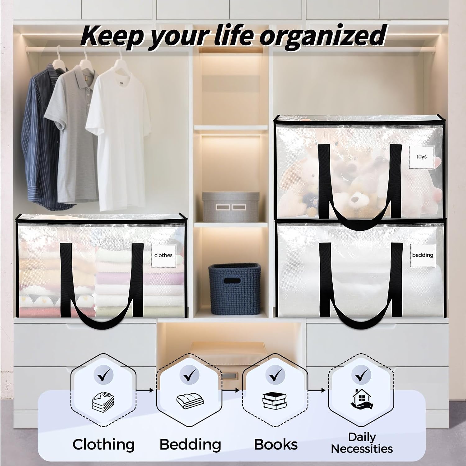 8 Pack Extra Large Clothes Storage Bins with Lids, Moving Bags, Clear | Storage Bags with Reinforced Handles & Heavy-Duty Zippers, Moving Boxes Totes for Clothes Packing, Dorms, College Supplies - Image 7