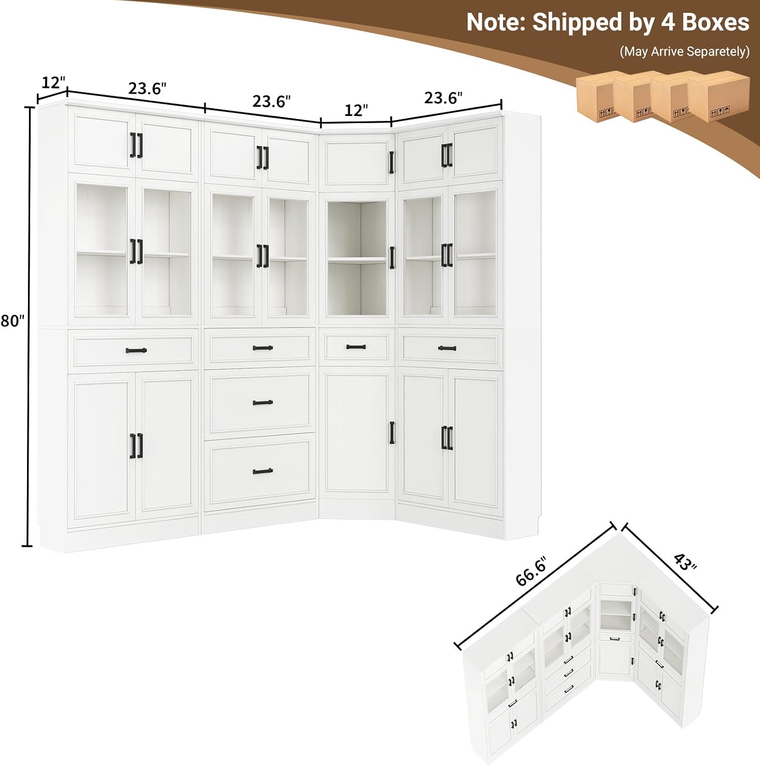 Unikito 80" Tall Corner Cabinet with Glass Doors and Adjustable Shelves | Large Mordern Corner Pantry Cabinet, Soft Close Doors, Corner Bookcase with Doors, Ideal for Living Room, Home Office - Image 2