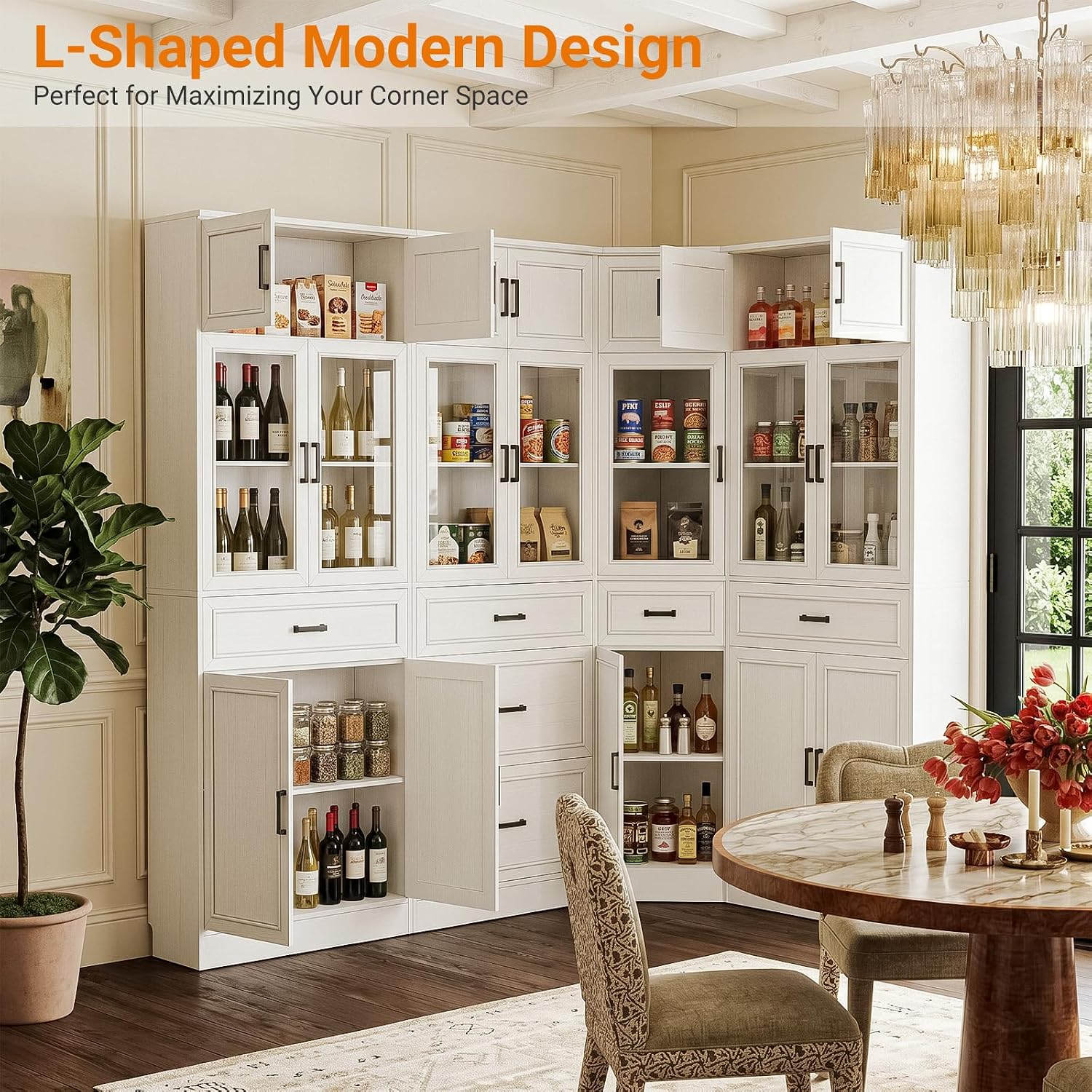 Unikito 80" Tall Corner Cabinet with Glass Doors and Adjustable Shelves | Large Mordern Corner Pantry Cabinet, Soft Close Doors, Corner Bookcase with Doors, Ideal for Living Room, Home Office - Image 4