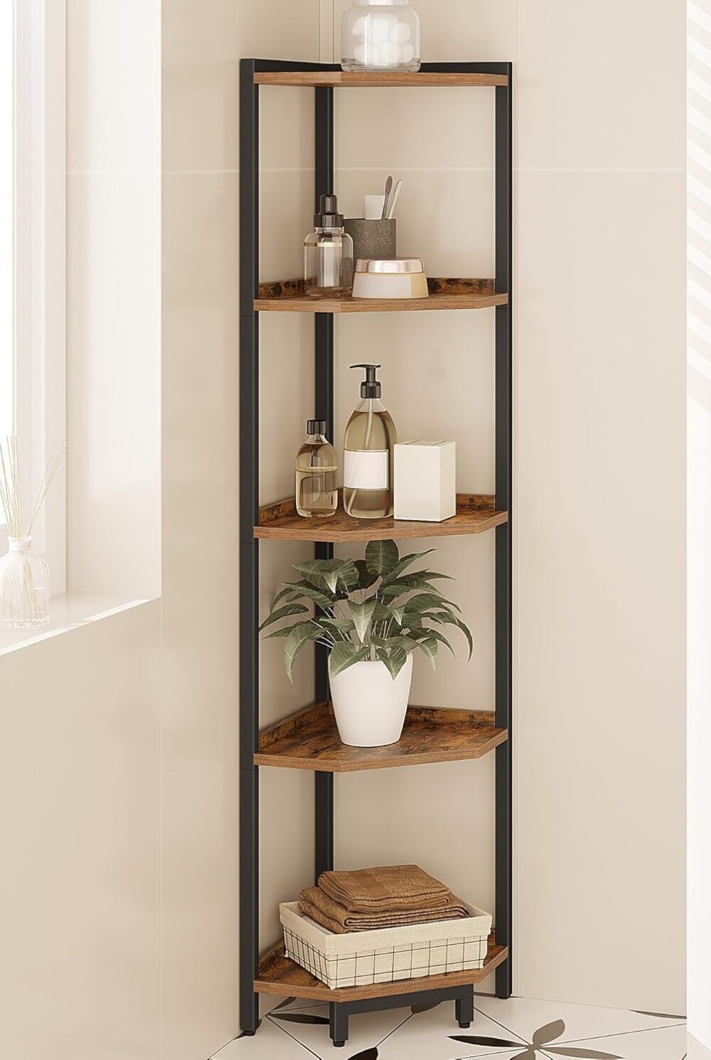 Hzuaneri Corner Shelf Stand 5-Tier Corner Bookshelf Storage Standing Shelf | Bookcase Plant Stand with Metal Frame for Living Room, Home Office, Bedroom, Black CS05901B