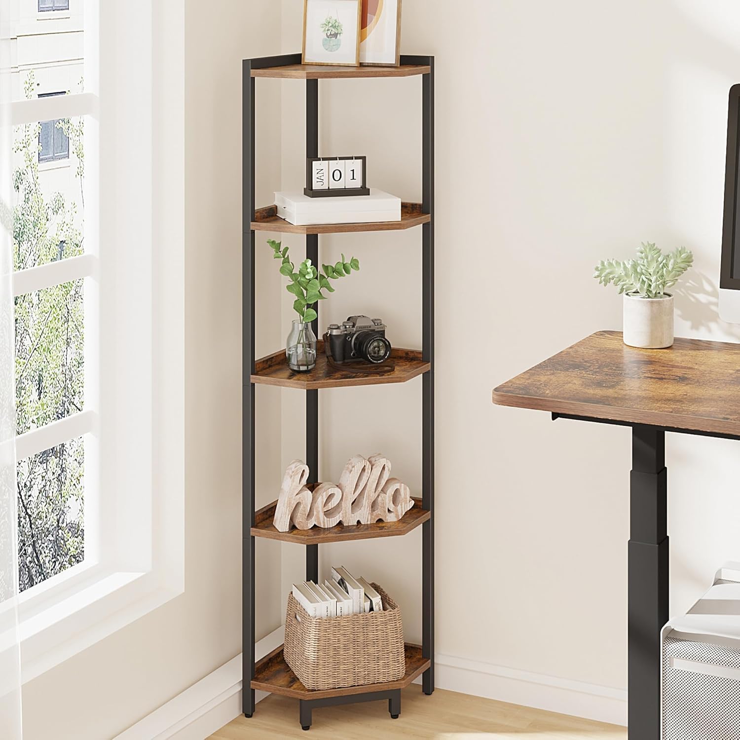 Hzuaneri Corner Shelf Stand 5-Tier Corner Bookshelf Storage Standing Shelf | Bookcase Plant Stand with Metal Frame for Living Room, Home Office, Bedroom, Black CS05901B - Image 3