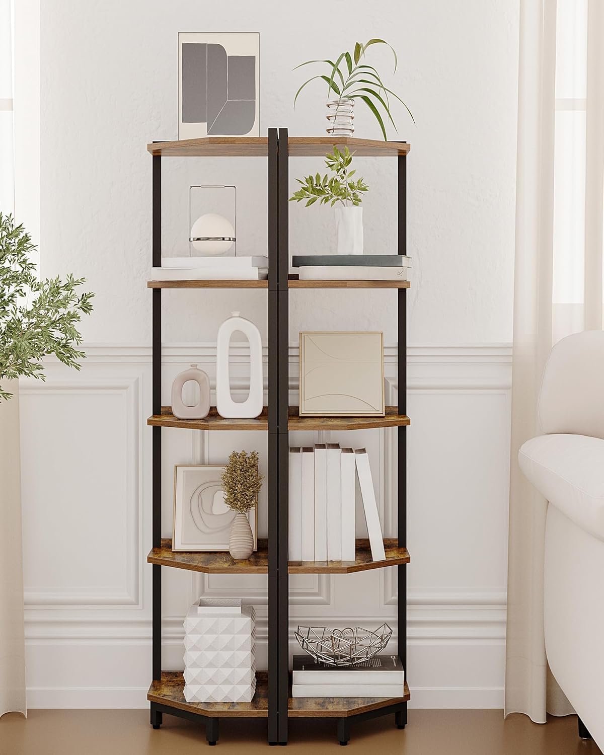 Hzuaneri Corner Shelf Stand 5-Tier Corner Bookshelf Storage Standing Shelf | Bookcase Plant Stand with Metal Frame for Living Room, Home Office, Bedroom, Black CS05901B - Image 4