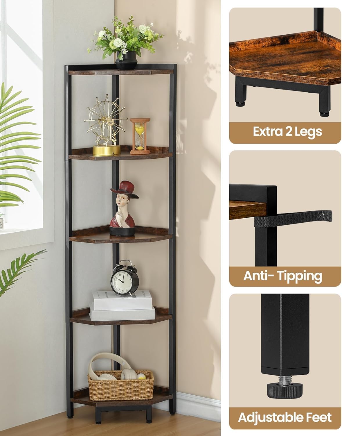 Hzuaneri Corner Shelf Stand 5-Tier Corner Bookshelf Storage Standing Shelf | Bookcase Plant Stand with Metal Frame for Living Room, Home Office, Bedroom, Black CS05901B - Image 5