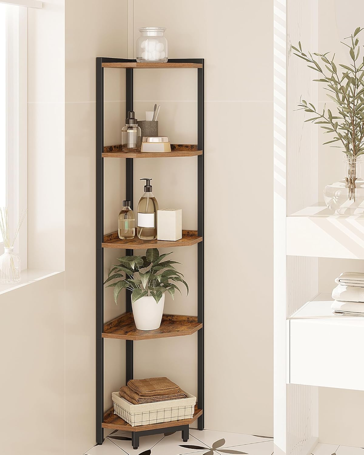 Hzuaneri Corner Shelf Stand 5-Tier Corner Bookshelf Storage Standing Shelf | Bookcase Plant Stand with Metal Frame for Living Room, Home Office, Bedroom, Black CS05901B - Image 6