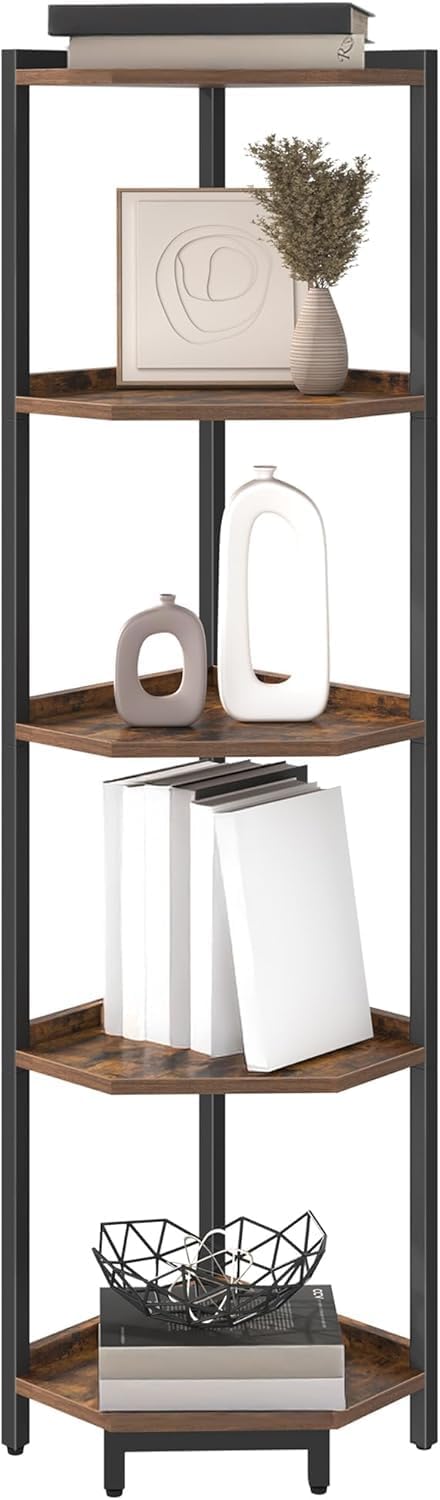 Hzuaneri Corner Shelf Stand 5-Tier Corner Bookshelf Storage Standing Shelf | Bookcase Plant Stand with Metal Frame for Living Room, Home Office, Bedroom, Black CS05901B - Image 7