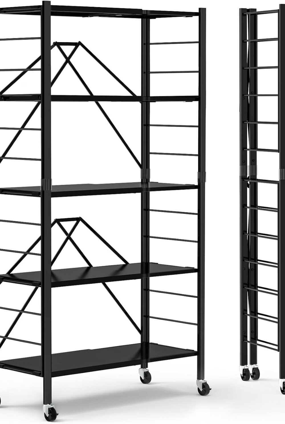 Himix 5-Tier Foldable Expandable Storage Shelves Wheels Kitchen 2-in-1 Rack | Folding shelving units, Metal collapsible organization, Changeable into 2 shelf units, Adjustable, Garage, Holds 2400 Ibs