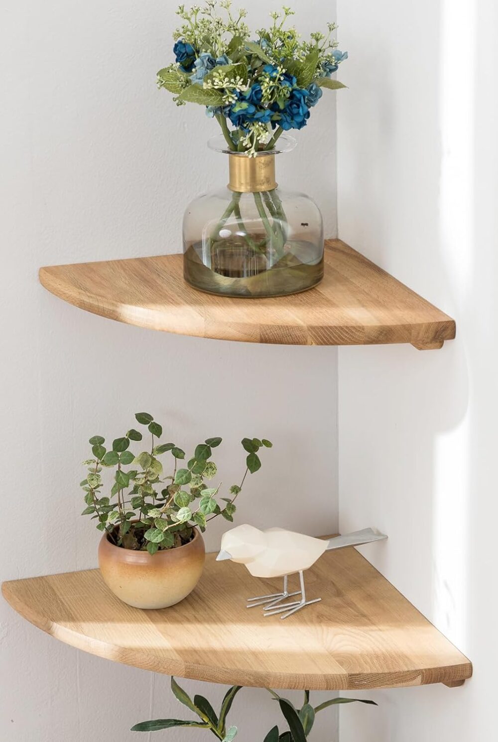 Corner Shelves, Floating Corner Shelf, Set of 2 7inch Solid Oak Wood Wall Shelves, Round End Wall Mount with Wire Hole Shelving for Small Plant for Bedroom Kitchen, Living Room