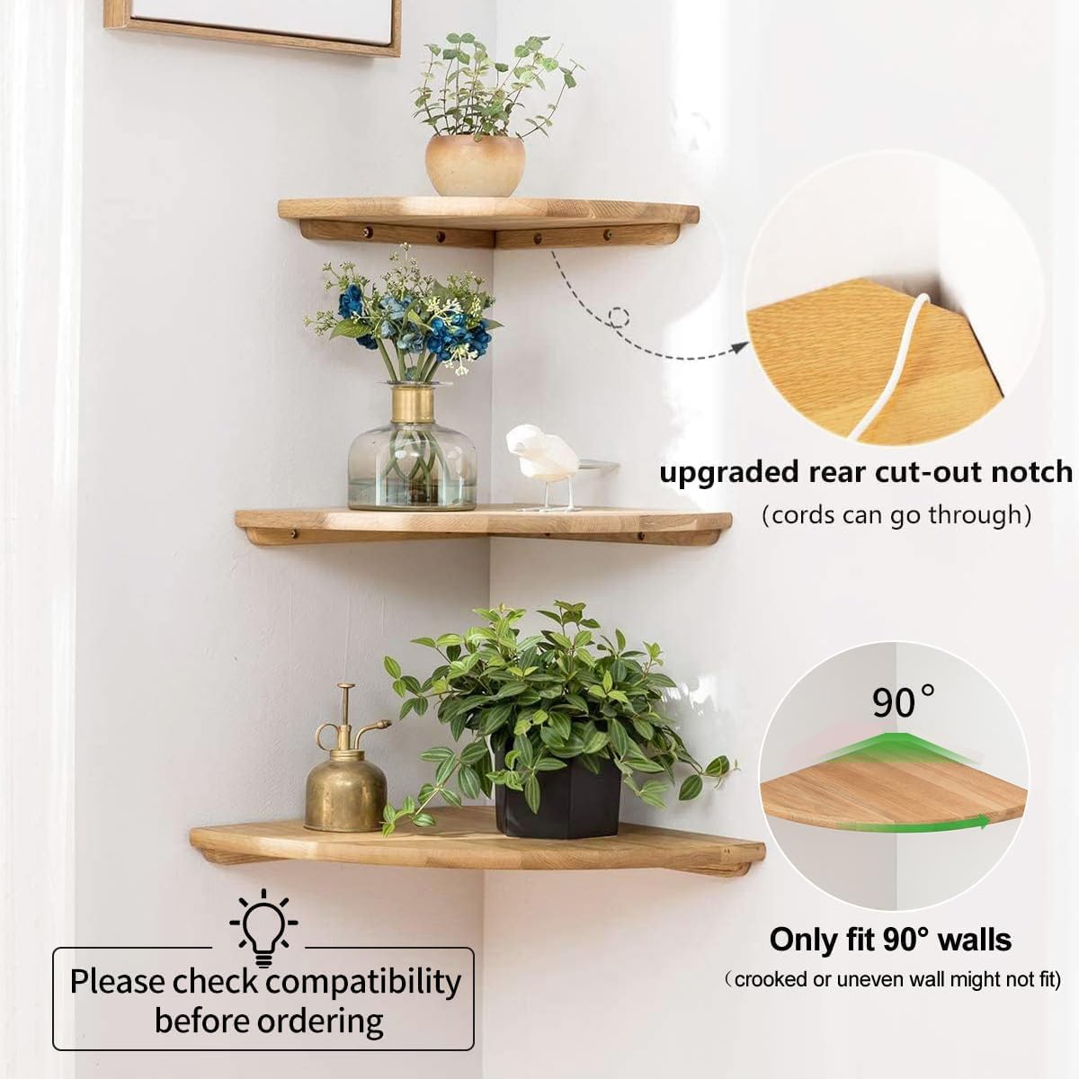Corner Shelves, Floating Corner Shelf, Set of 2 7inch Solid Oak Wood Wall Shelves, Round End Wall Mount with Wire Hole Shelving for Small Plant for Bedroom Kitchen, Living Room - Image 3