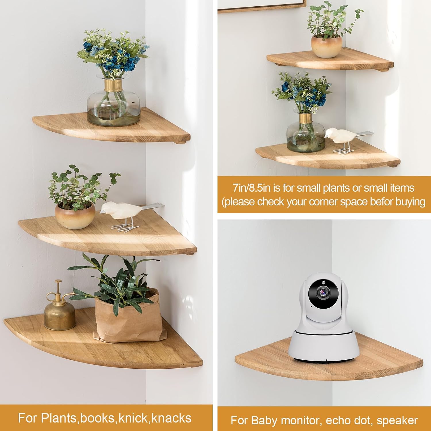 Corner Shelves, Floating Corner Shelf, Set of 2 7inch Solid Oak Wood Wall Shelves, Round End Wall Mount with Wire Hole Shelving for Small Plant for Bedroom Kitchen, Living Room - Image 4