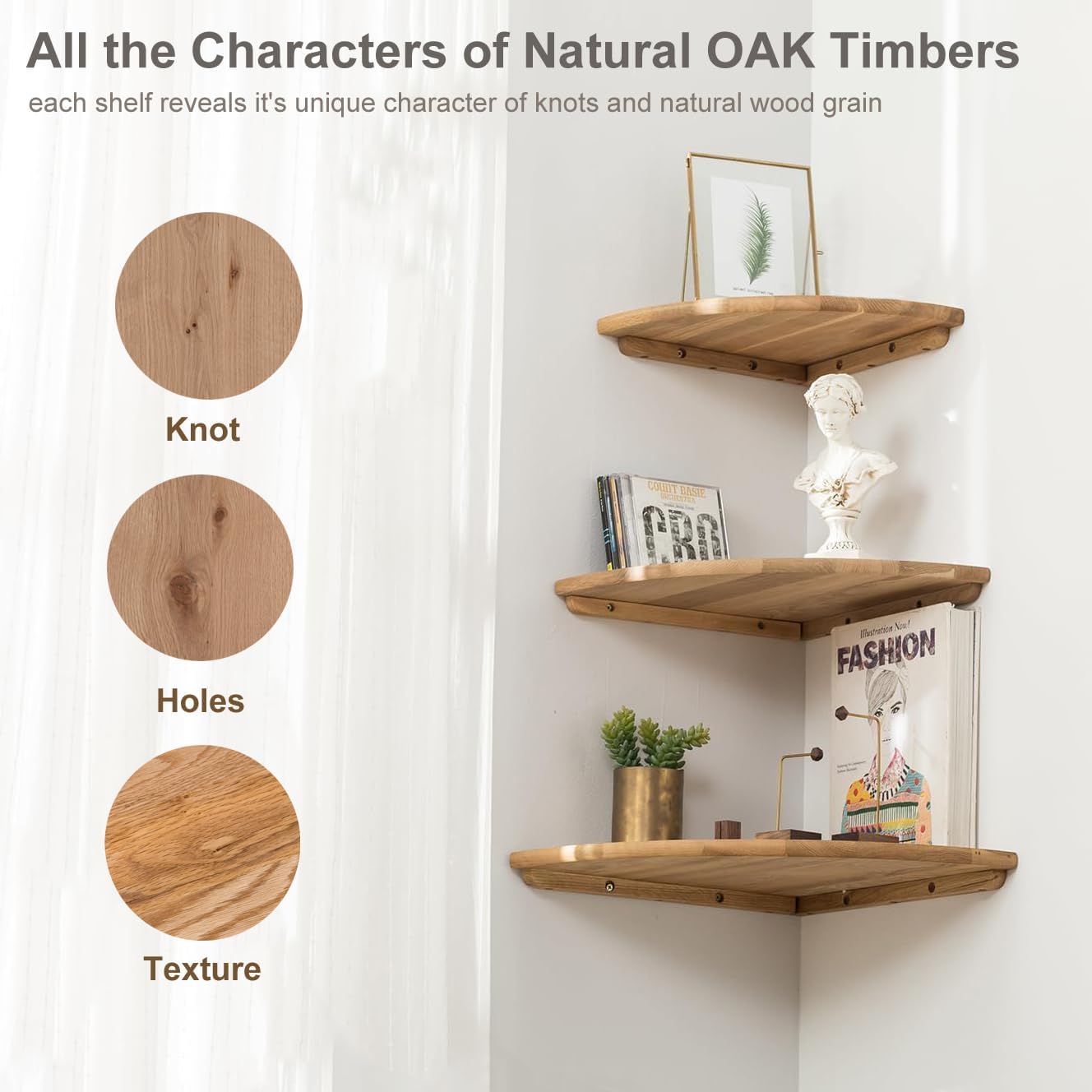 Corner Shelves, Floating Corner Shelf, Set of 2 7inch Solid Oak Wood Wall Shelves, Round End Wall Mount with Wire Hole Shelving for Small Plant for Bedroom Kitchen, Living Room - Image 5