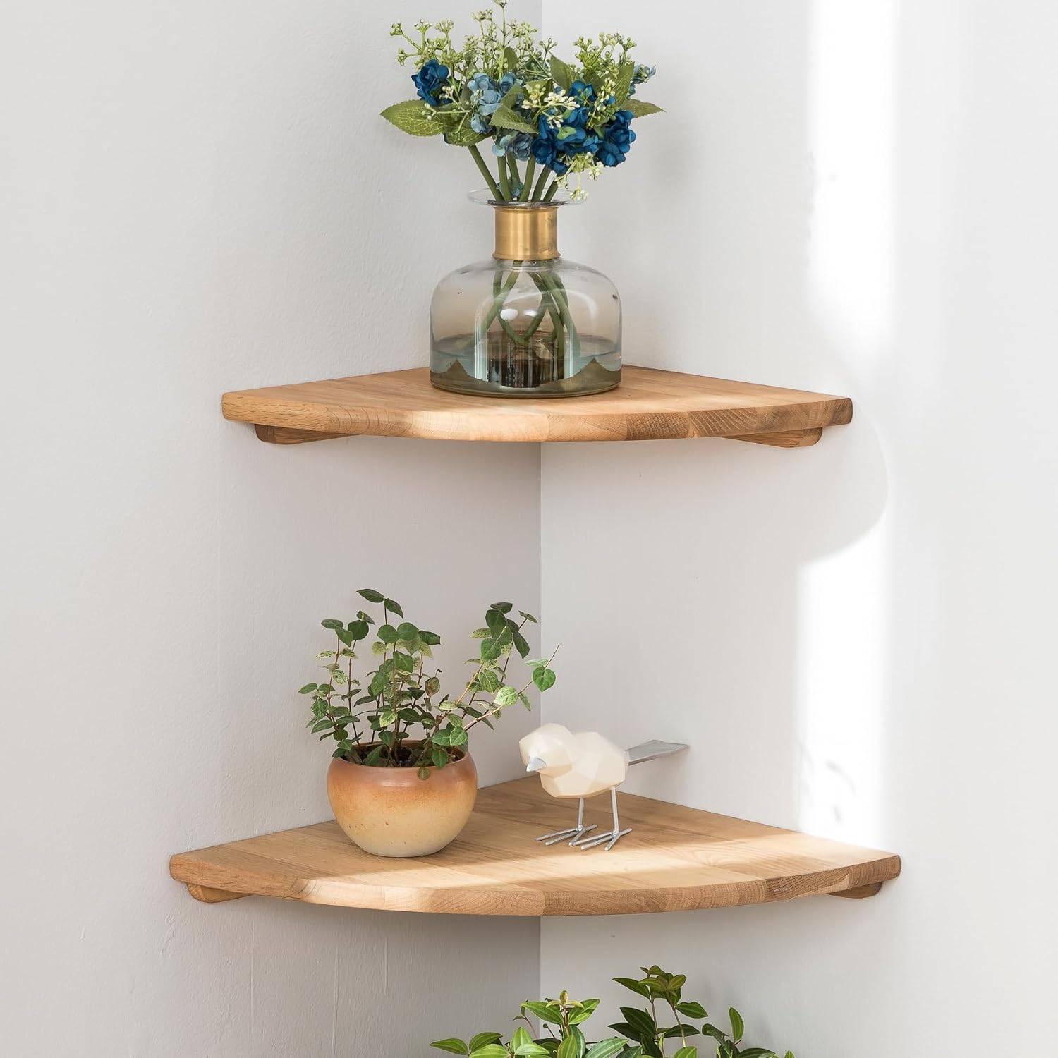 Corner Shelves, Floating Corner Shelf, Set of 2 7inch Solid Oak Wood Wall Shelves, Round End Wall Mount with Wire Hole Shelving for Small Plant for Bedroom Kitchen, Living Room - Image 8