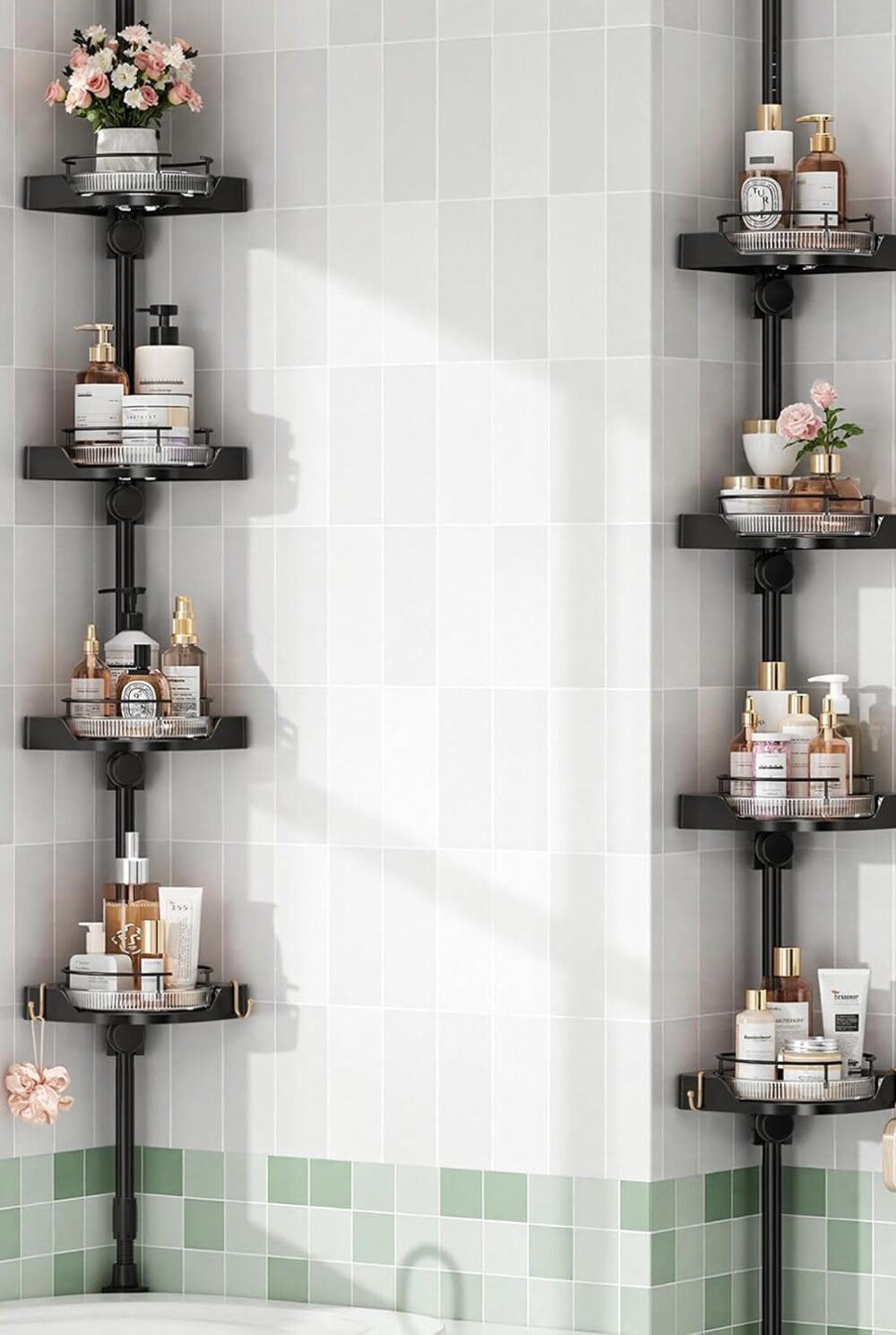 shuang qing 360° Rotating Corner Shower Caddy Tension Pole Organizer, Black | 4-Tier rotating shelves with hooks, adjustable tray height, upgraded rustproof metal pole, removable trays for shower storage
