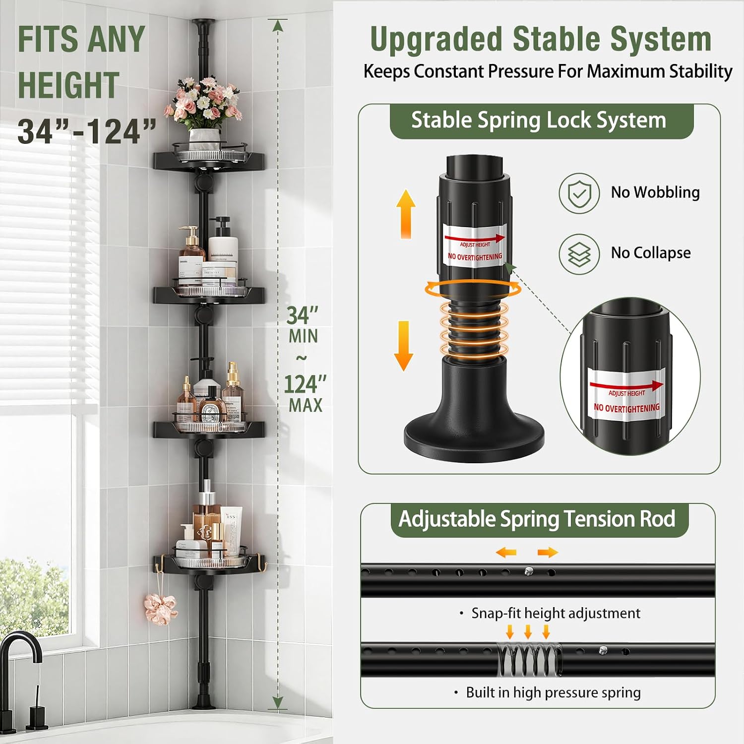 shuang qing 360° Rotating Corner Shower Caddy Tension Pole Organizer, Black | 4-Tier rotating shelves with hooks, adjustable tray height, upgraded rustproof metal pole, removable trays for shower storage - Image 2