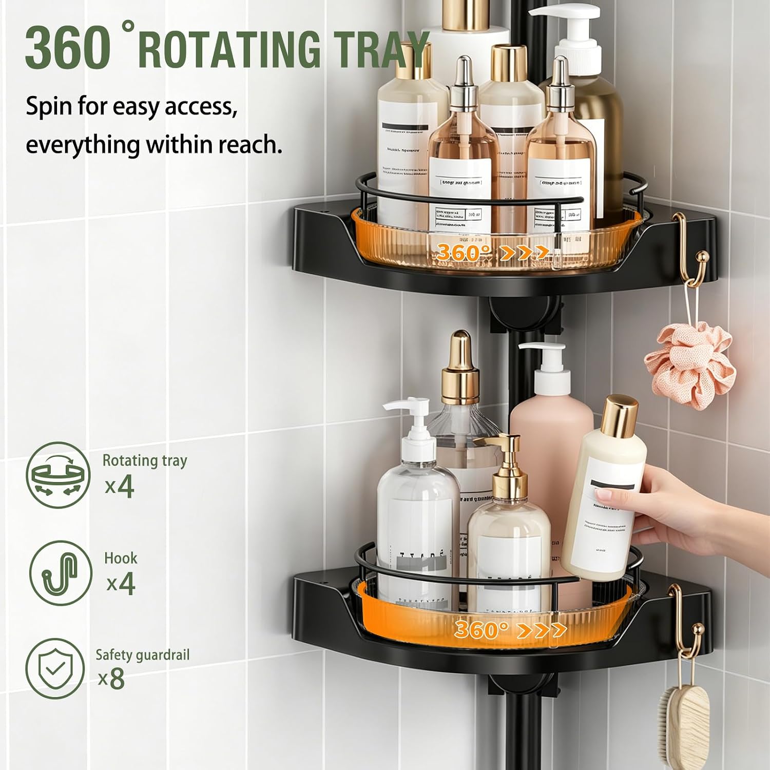 shuang qing 360° Rotating Corner Shower Caddy Tension Pole Organizer, Black | 4-Tier rotating shelves with hooks, adjustable tray height, upgraded rustproof metal pole, removable trays for shower storage - Image 3