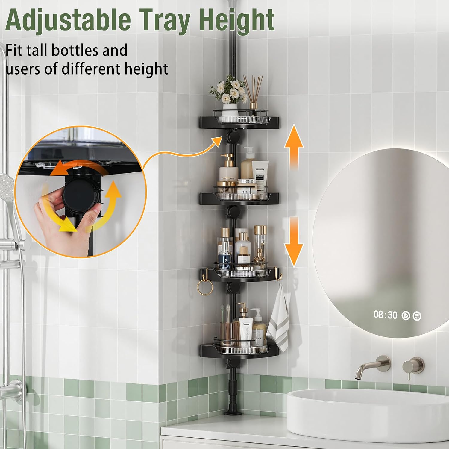shuang qing 360° Rotating Corner Shower Caddy Tension Pole Organizer, Black | 4-Tier rotating shelves with hooks, adjustable tray height, upgraded rustproof metal pole, removable trays for shower storage - Image 4