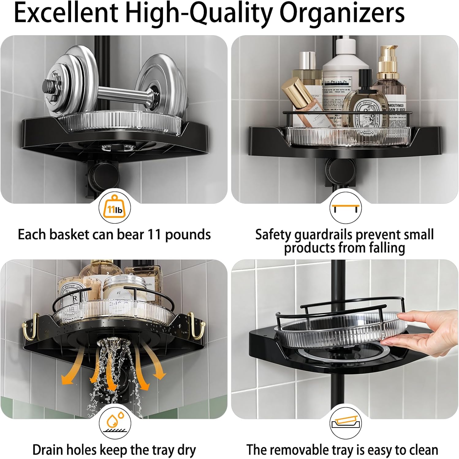 shuang qing 360° Rotating Corner Shower Caddy Tension Pole Organizer, Black | 4-Tier rotating shelves with hooks, adjustable tray height, upgraded rustproof metal pole, removable trays for shower storage - Image 5