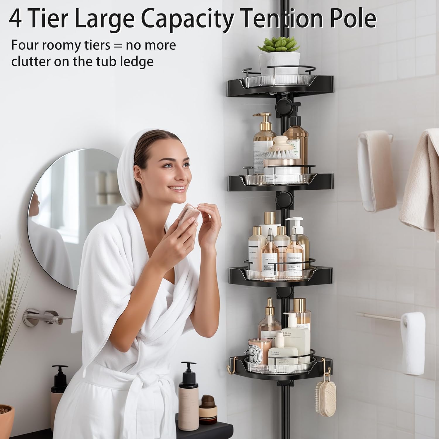 shuang qing 360° Rotating Corner Shower Caddy Tension Pole Organizer, Black | 4-Tier rotating shelves with hooks, adjustable tray height, upgraded rustproof metal pole, removable trays for shower storage - Image 6