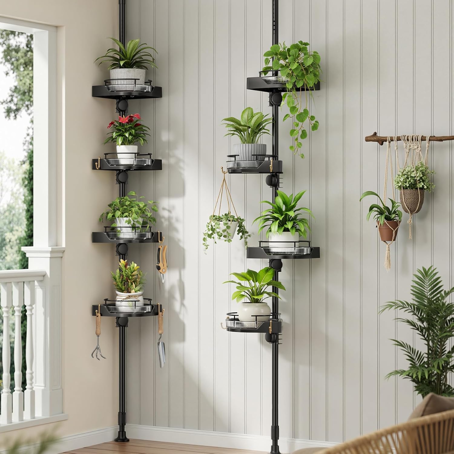 shuang qing 360° Rotating Corner Shower Caddy Tension Pole Organizer, Black | 4-Tier rotating shelves with hooks, adjustable tray height, upgraded rustproof metal pole, removable trays for shower storage - Image 7