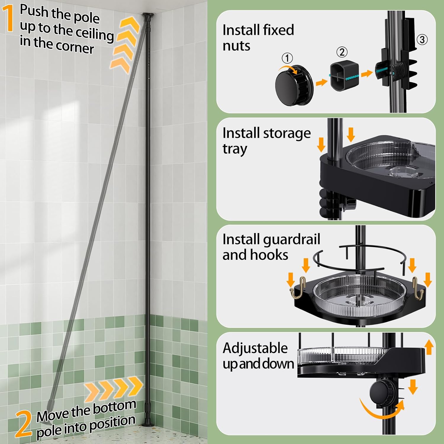 shuang qing 360° Rotating Corner Shower Caddy Tension Pole Organizer, Black | 4-Tier rotating shelves with hooks, adjustable tray height, upgraded rustproof metal pole, removable trays for shower storage - Image 8